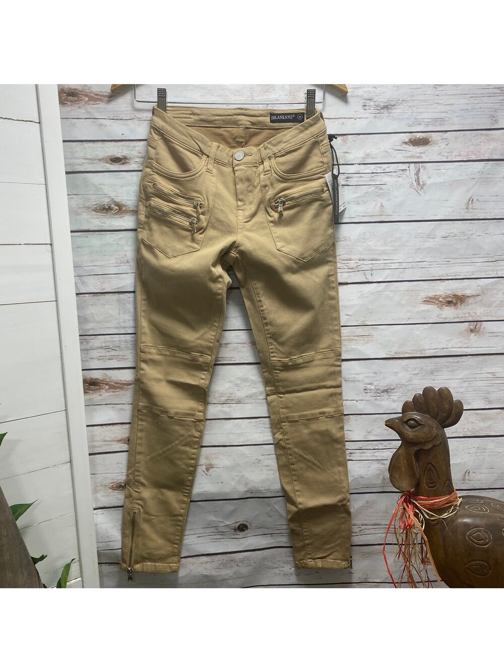 BlankNYC Utility Skinny Jeans Pants Size 26 Tan Zipper Ankles Knee Patches NWT
